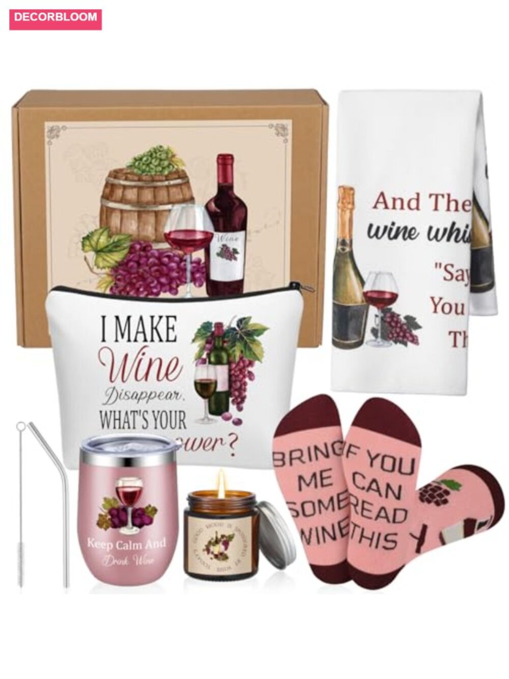 7-Piece Wine Lovers Gift Set Tumbler Socks Towel Candle for Women